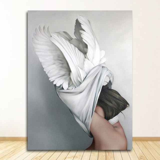 Flowers Feathers Woman Abstract Canvas Poster